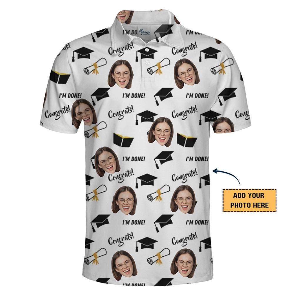 Custom White Graduation Polo Shirt With Face And Preview
