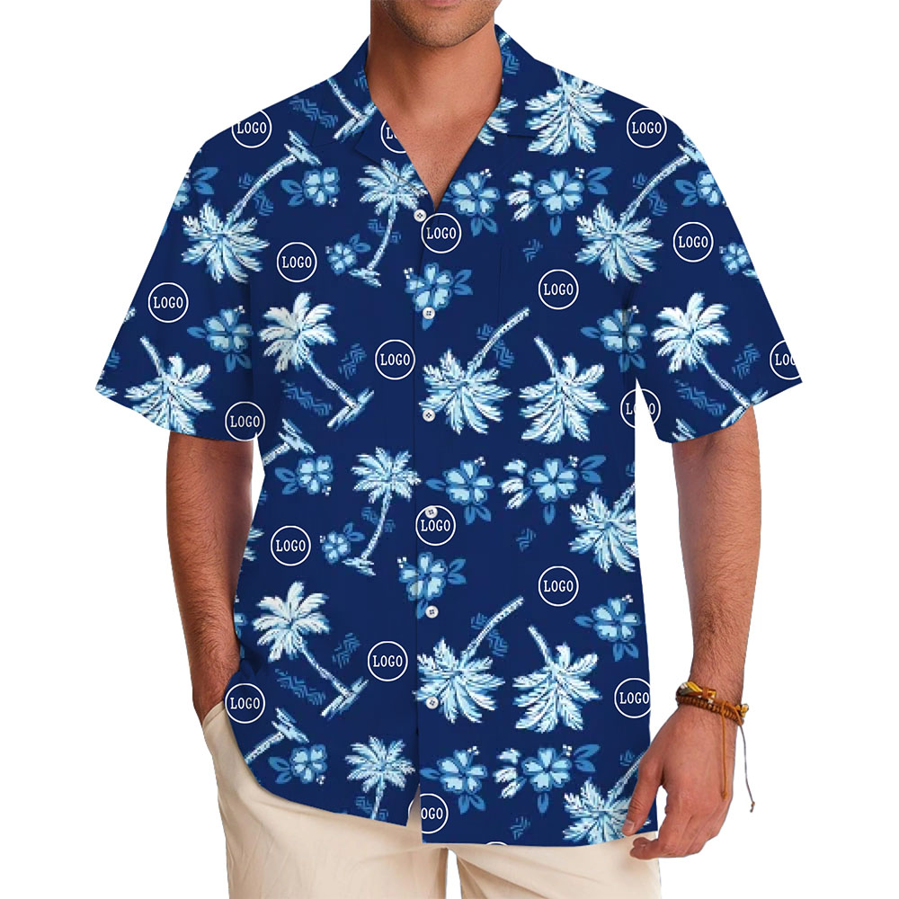 Navy Blue Hawaiian Shirt With Palm Tree And Live Custom Logo - variant image 1