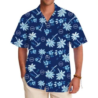 Navy Blue Hawaiian Shirt With Palm Tree And Live Custom Logo