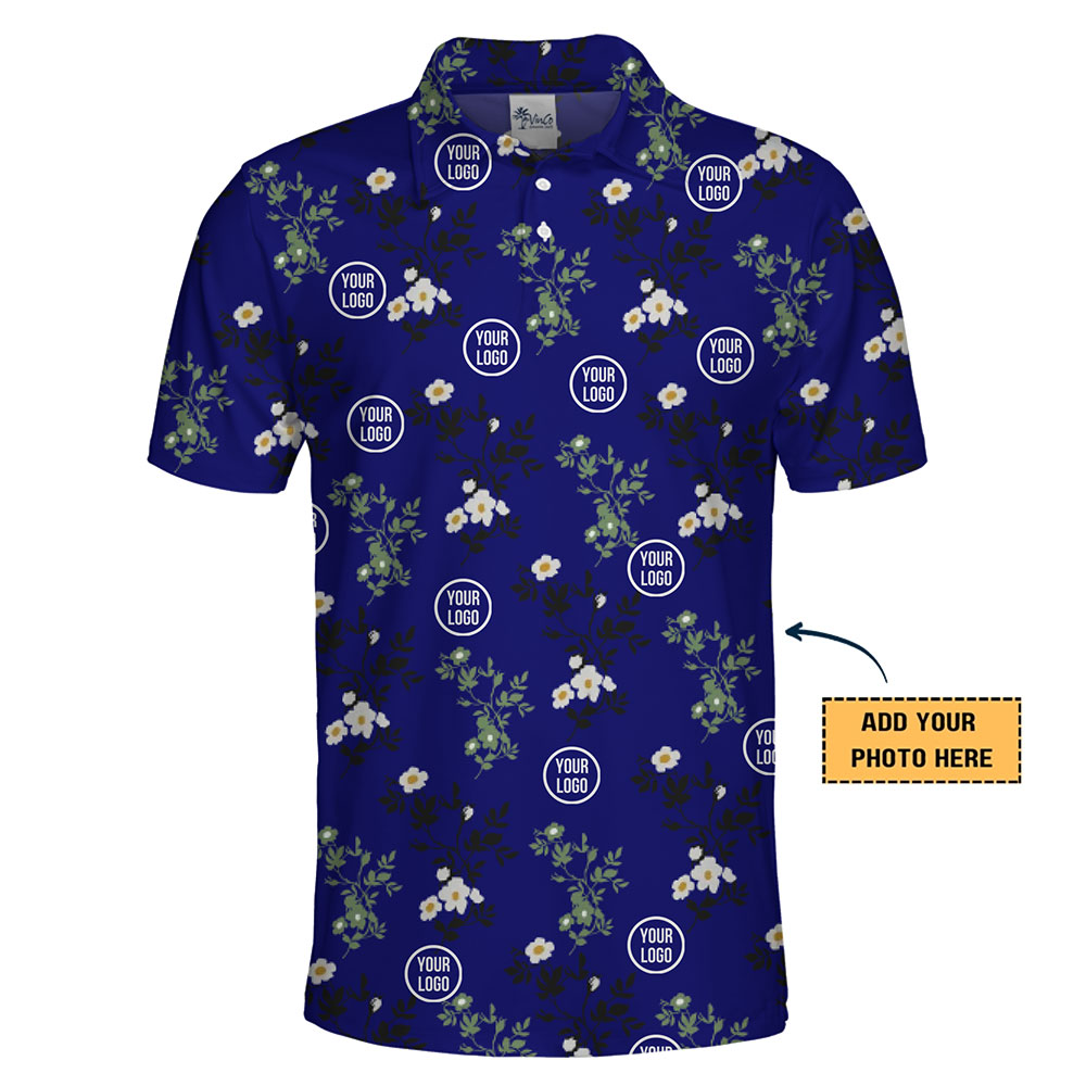 Custom Royal Blue Floral Polo Shirt with Personalized Logo