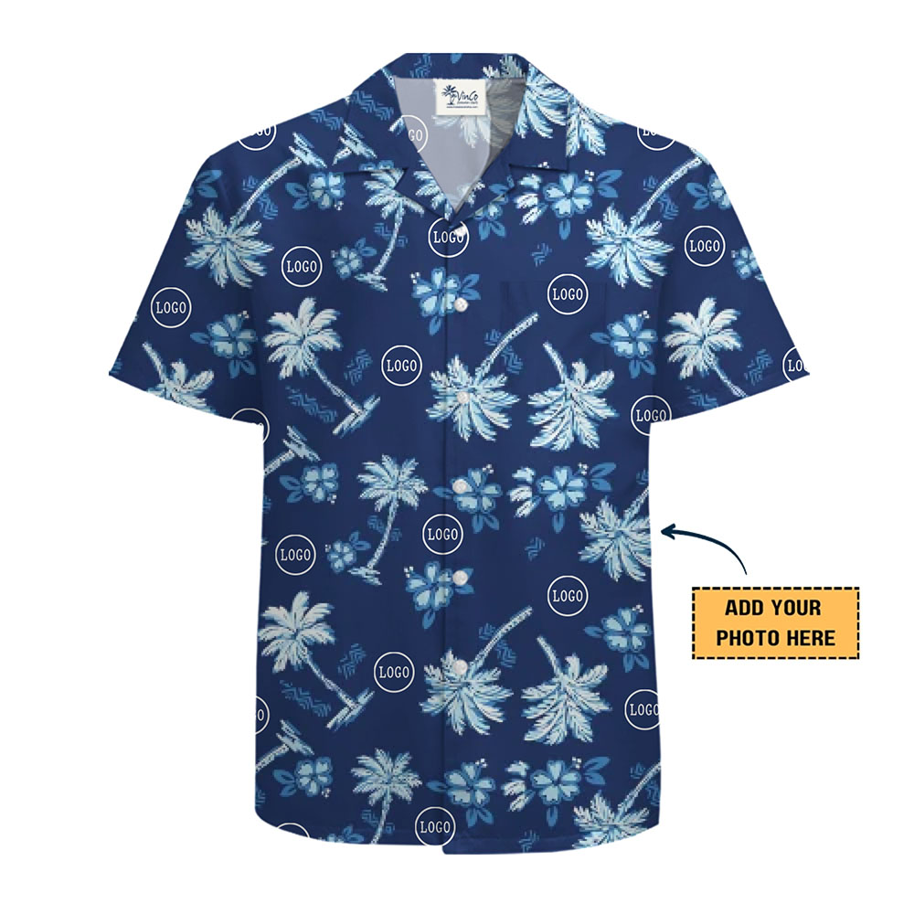 Navy Blue Hawaiian Shirt With Palm Tree And Live Custom Logo