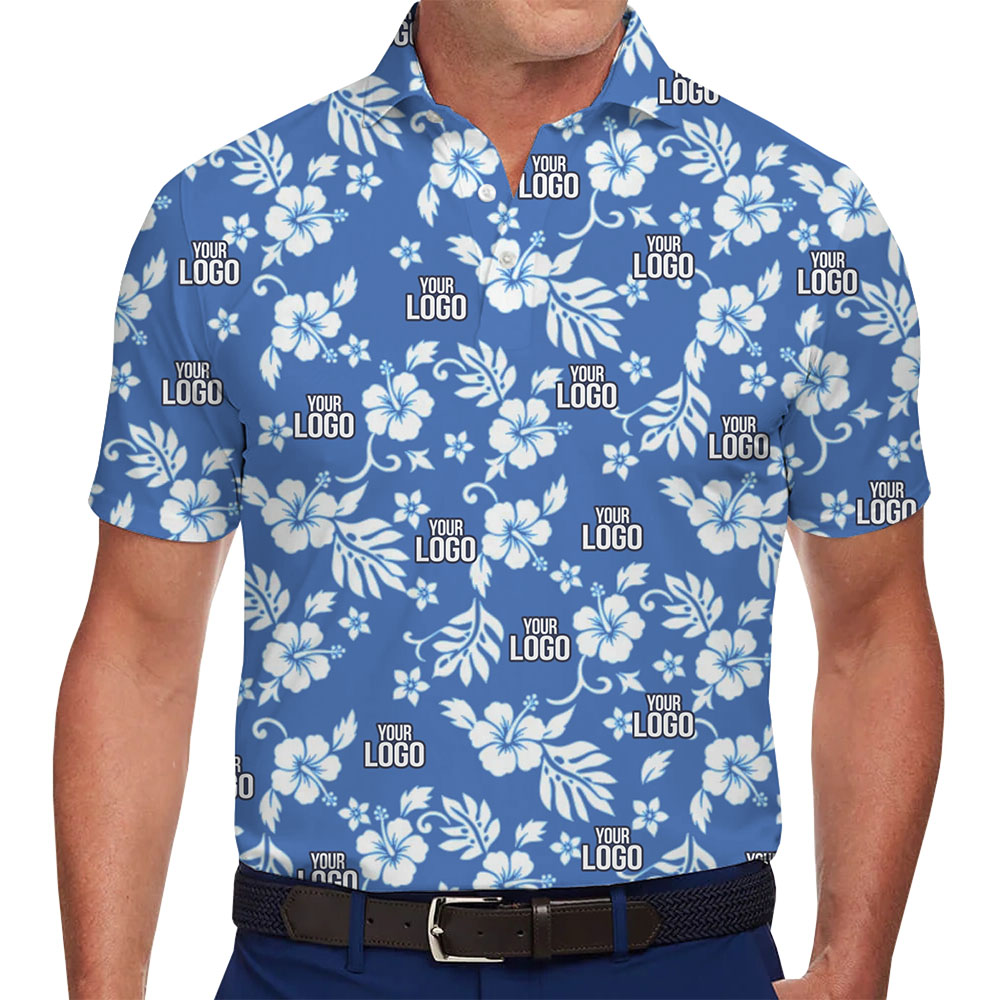 Blue Floral Collared Polo Shirt With Custom Logo - variant image 1