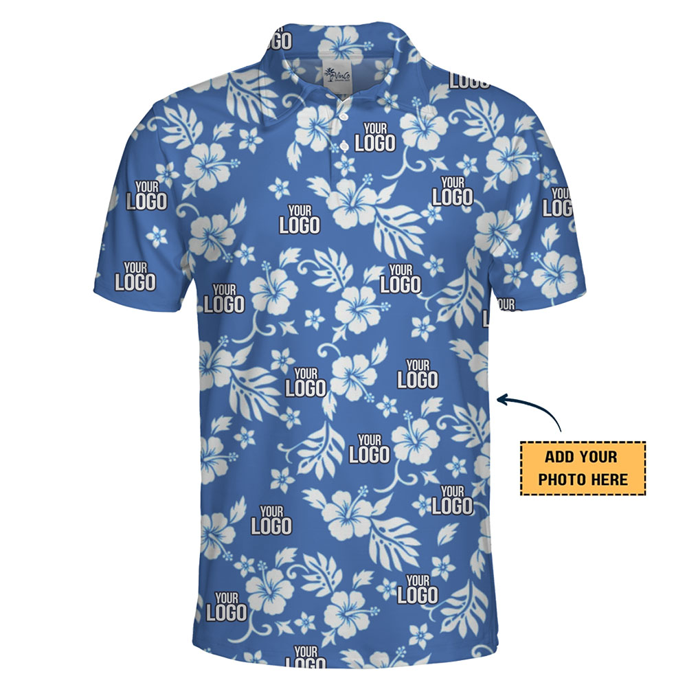 Blue Floral Collared Polo Shirt With Custom Logo