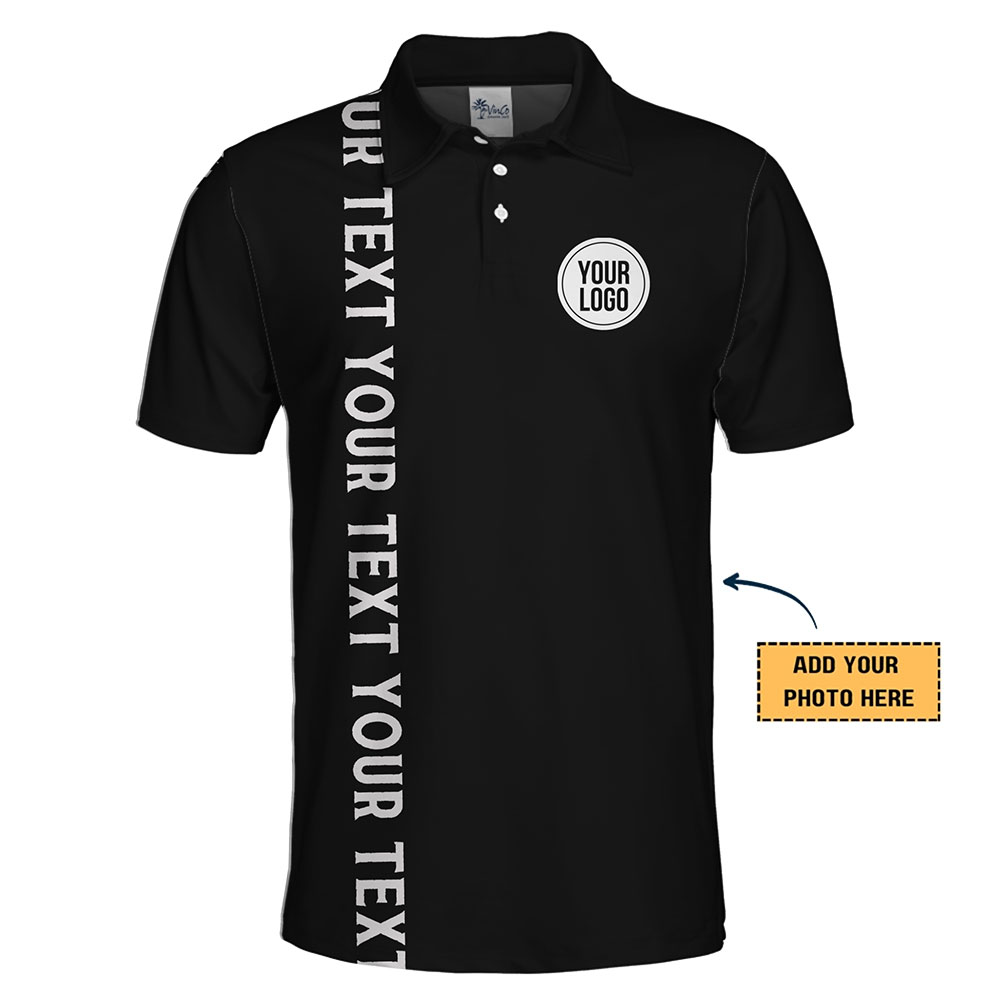 Professional Black Polo Shirt with Bold Text and Logo Personalization