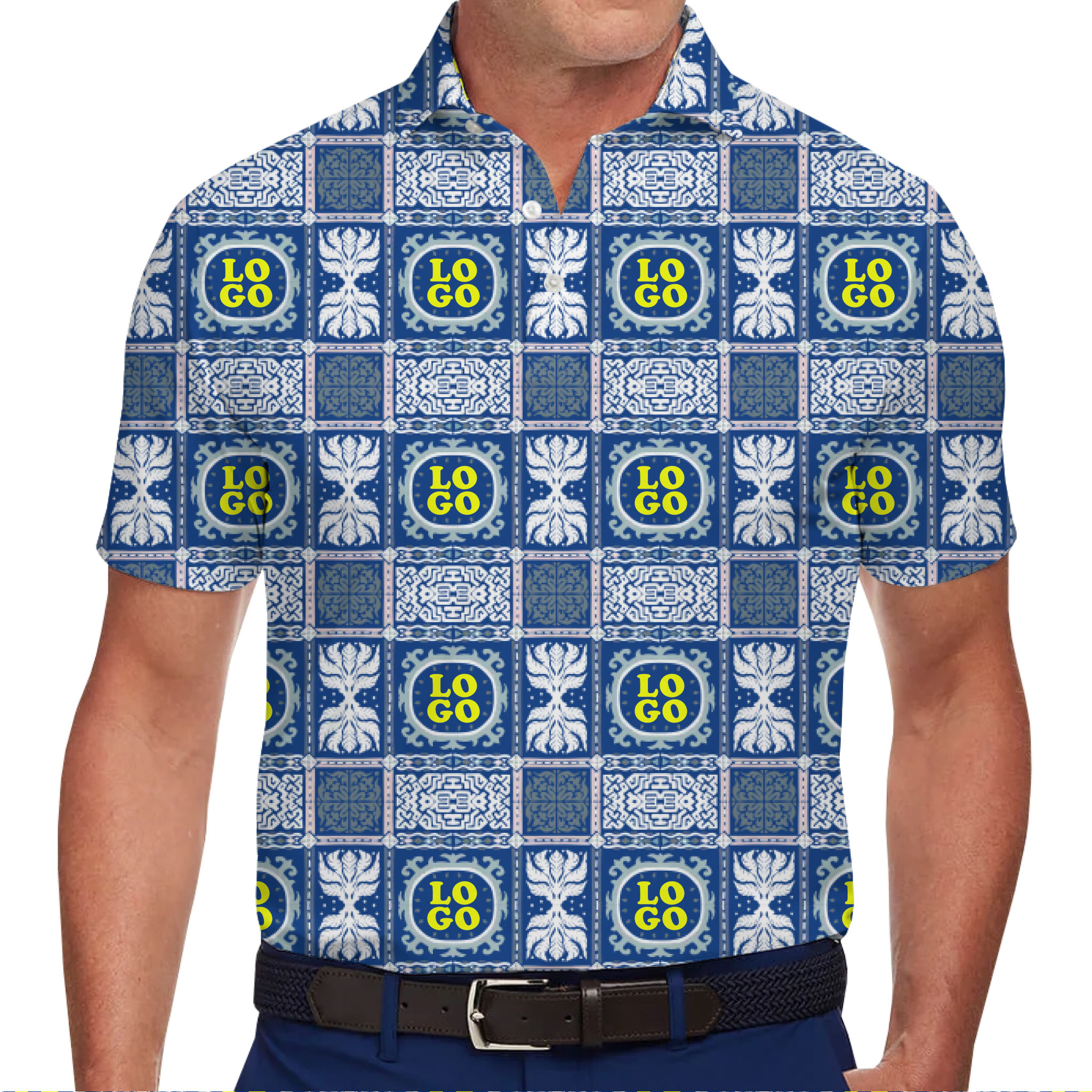 Royal Blue Geometric Custom Logo Polo Shirt - variant image 1