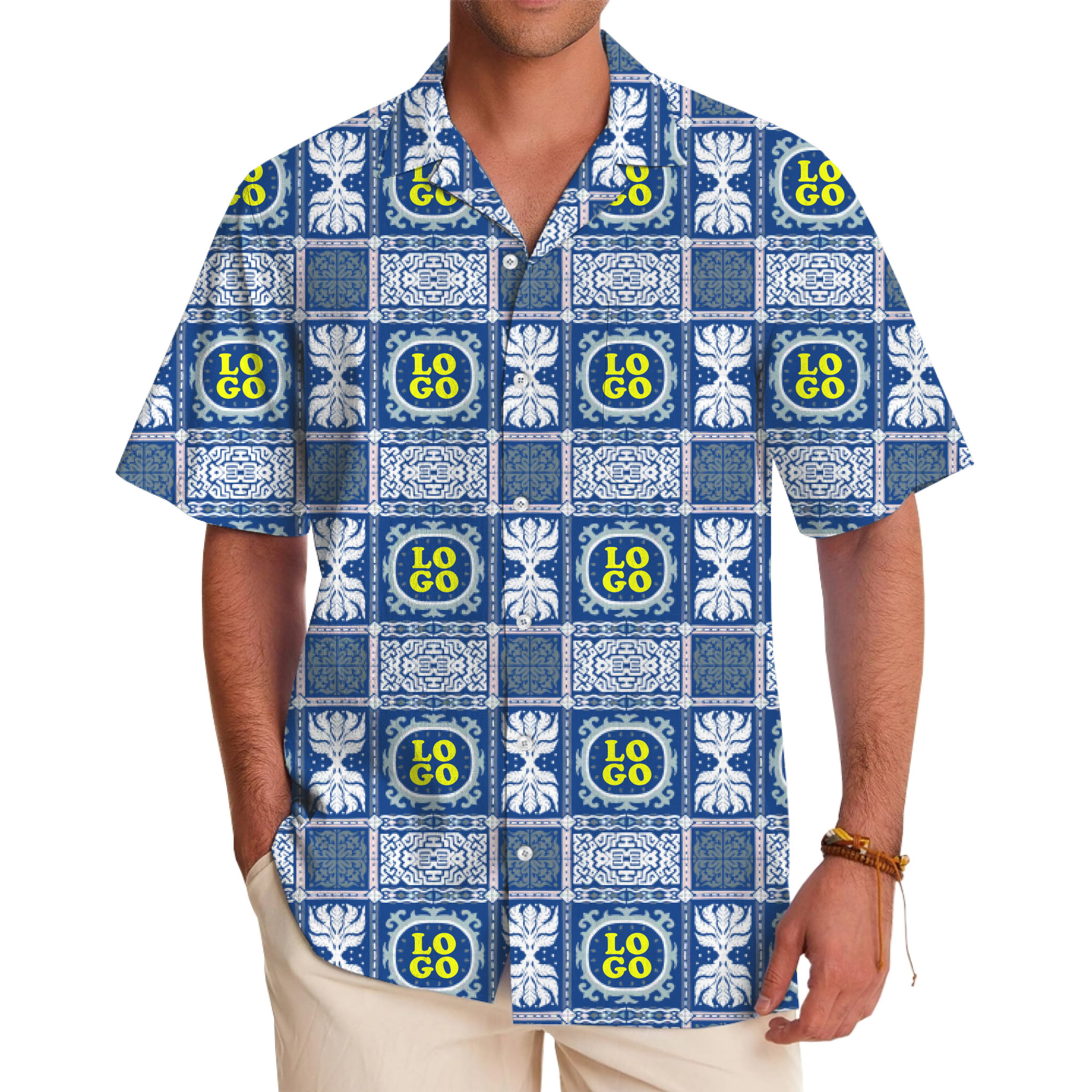 Royal Blue Geometric Custom Logo Hawaiian Shirt - variant image 1