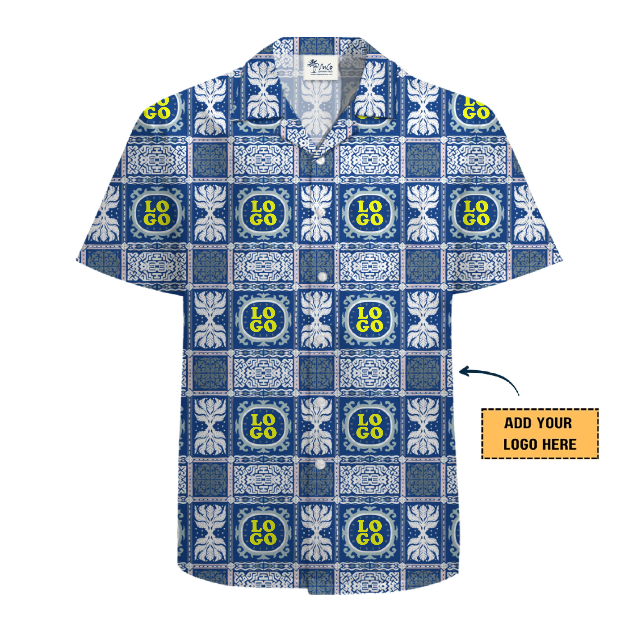 Royal Blue Geometric Custom Logo Hawaiian Shirt