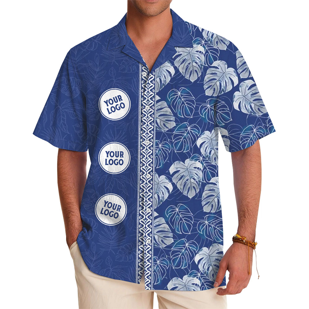 Vintage Monstera Navy Blue Hawaiian Shirt With Custom Logo - variant image 1