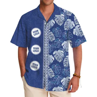 Vintage Monstera Navy Blue Hawaiian Shirt With Custom Logo