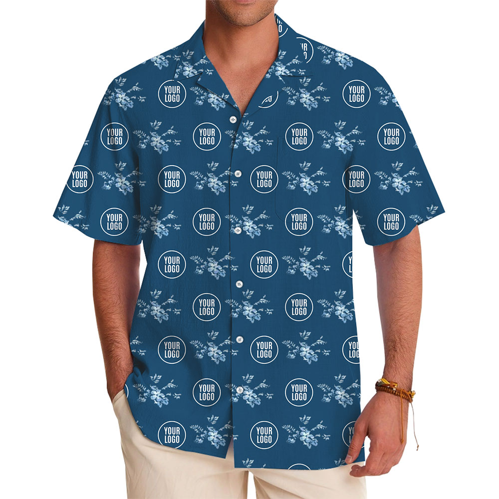 Custom Logo Navy Bloom Hawaiian Shirt - variant image 1