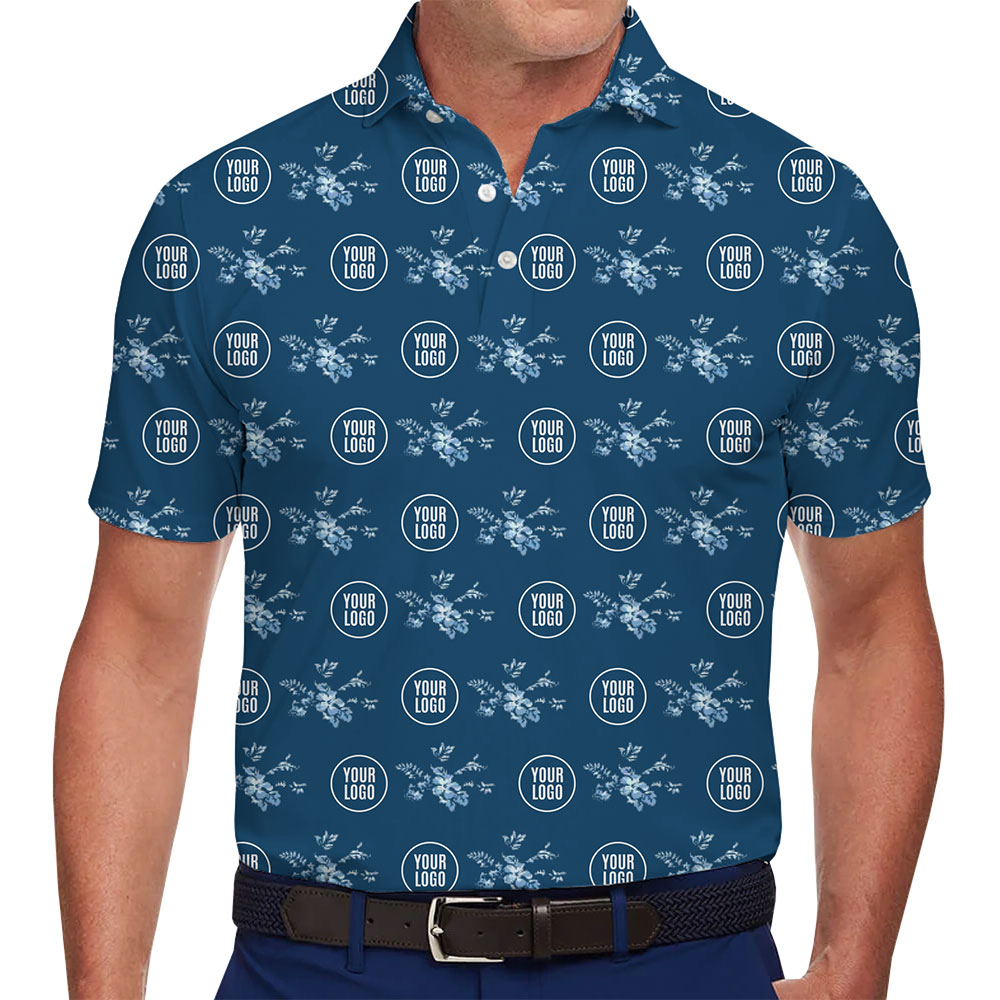 Custom Logo Navy Bloom Hawaiian Polo Shirt - variant image 1