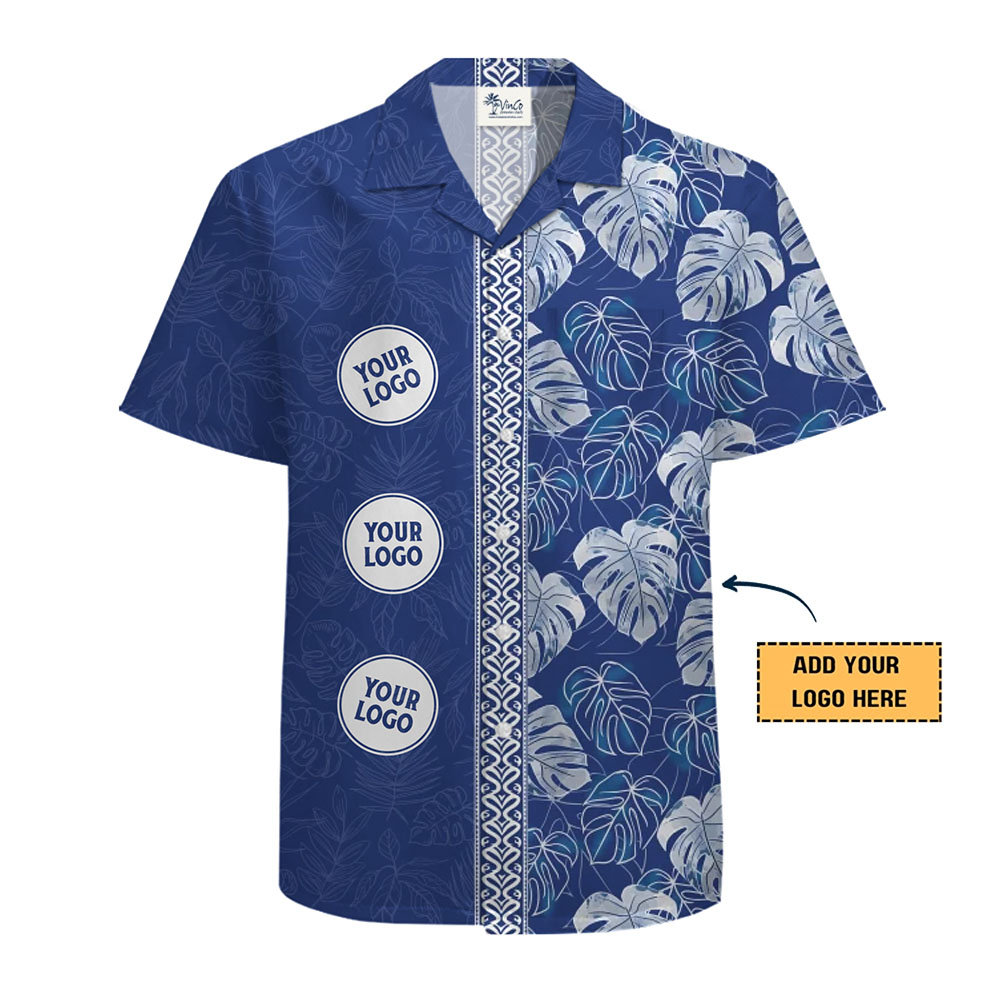 Vintage Monstera Navy Blue Hawaiian Shirt With Custom Logo