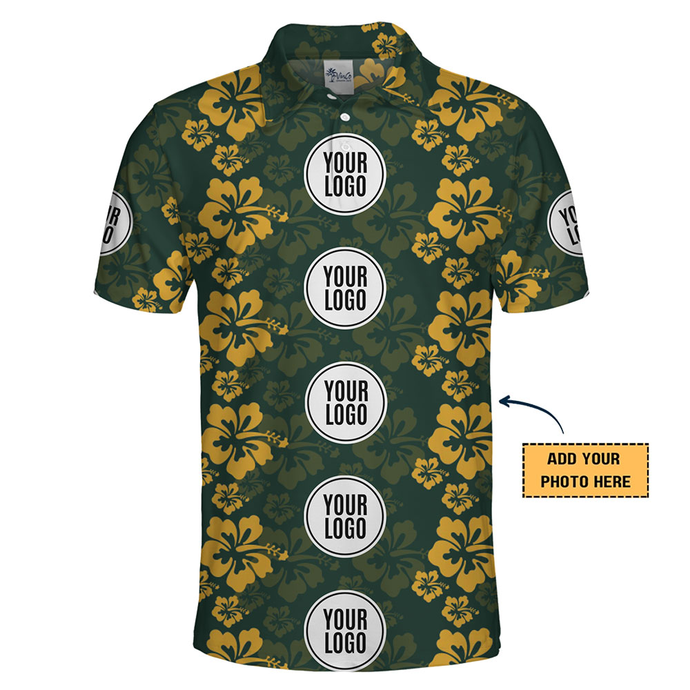 Custom Polo Shirt with Green and Yellow Hibiscus Pattern