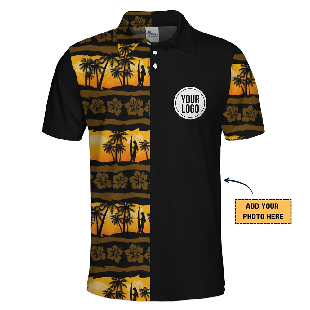 Tropical Custom Polo Shirt with Palm Tree and Sunset Design