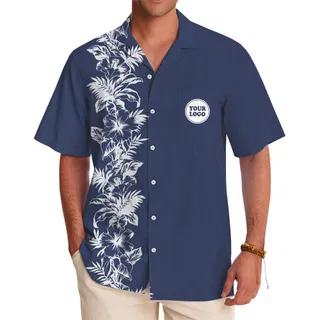 Navy Blossom Custom Logo Hawaiian Shirt With Preview