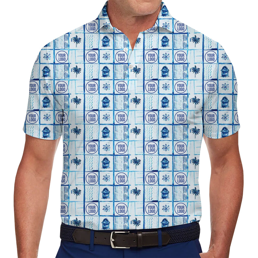 Tropical Island Aqua Blue Hawaiian Polo Shirt Custom Logo - variant image 1