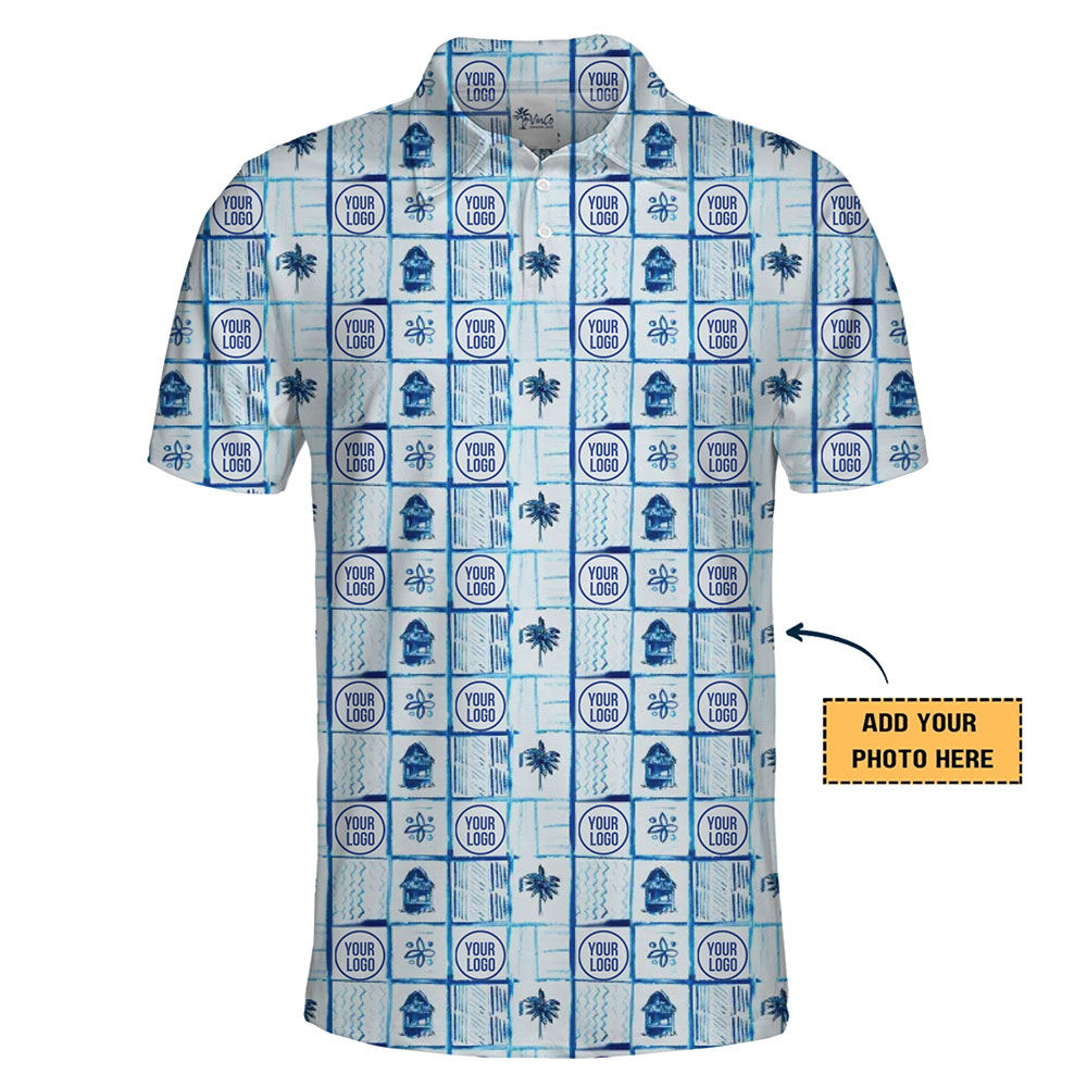Tropical Island Aqua Blue Hawaiian Polo Shirt Custom Logo