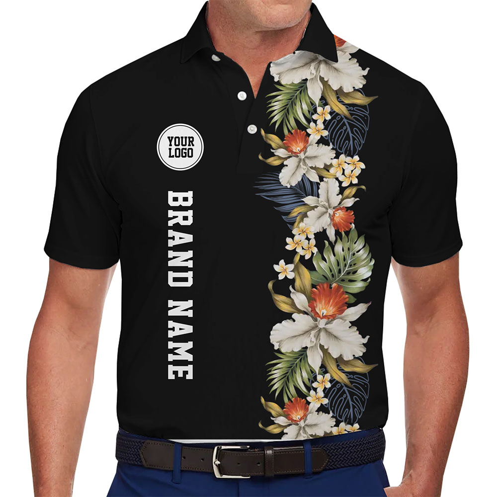 Midnight Hibiscus Golf Polo Shirt With Logo And Text - variant image 1
