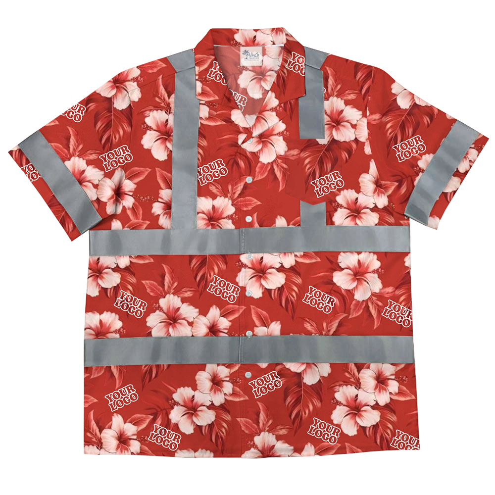 Red Hi Vis Hawaiian Shirt With Custom Logo And Preview