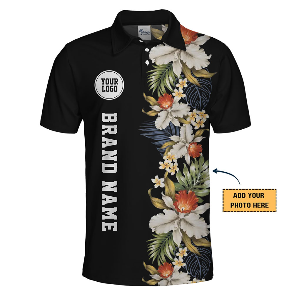 Midnight Hibiscus Golf Polo Shirt With Logo And Text