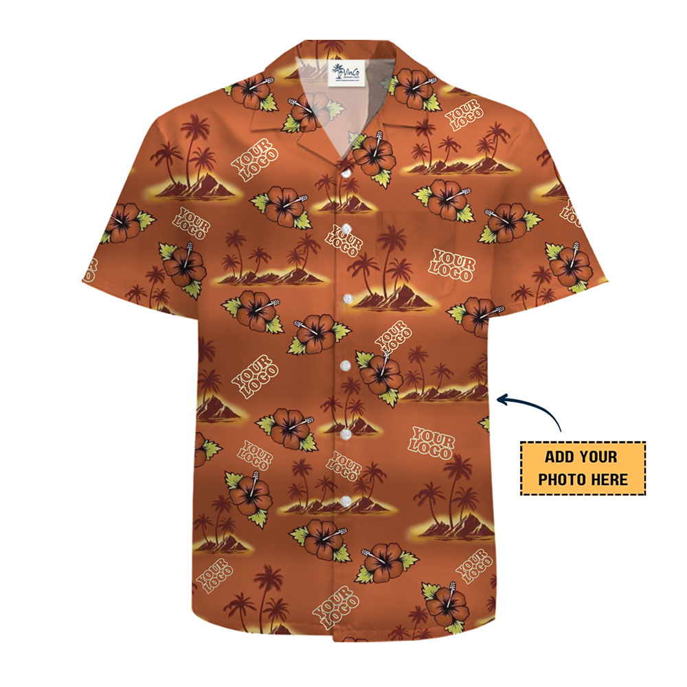 Personalized Orange Hawaiian Shirt Vibrant Beach and Palm Tree Design