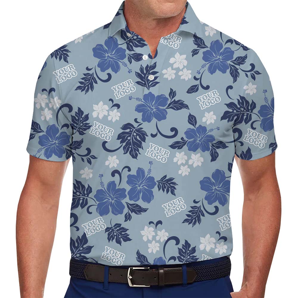 Blue Hibiscus Polo Shirt With Custom All Over Print Logo - variant image 1