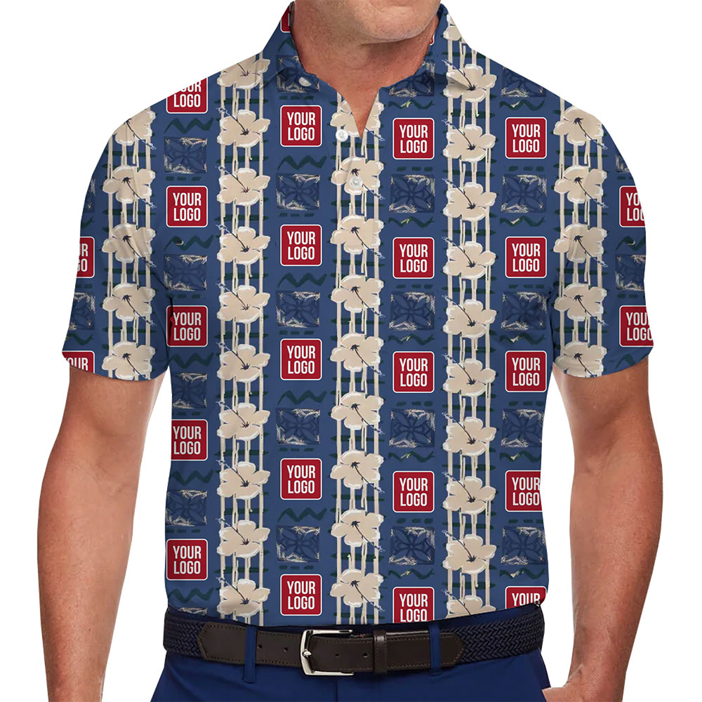 Striped Vintage Blue Hawaiian Polo Shirt Custom Your Logo - variant image 1