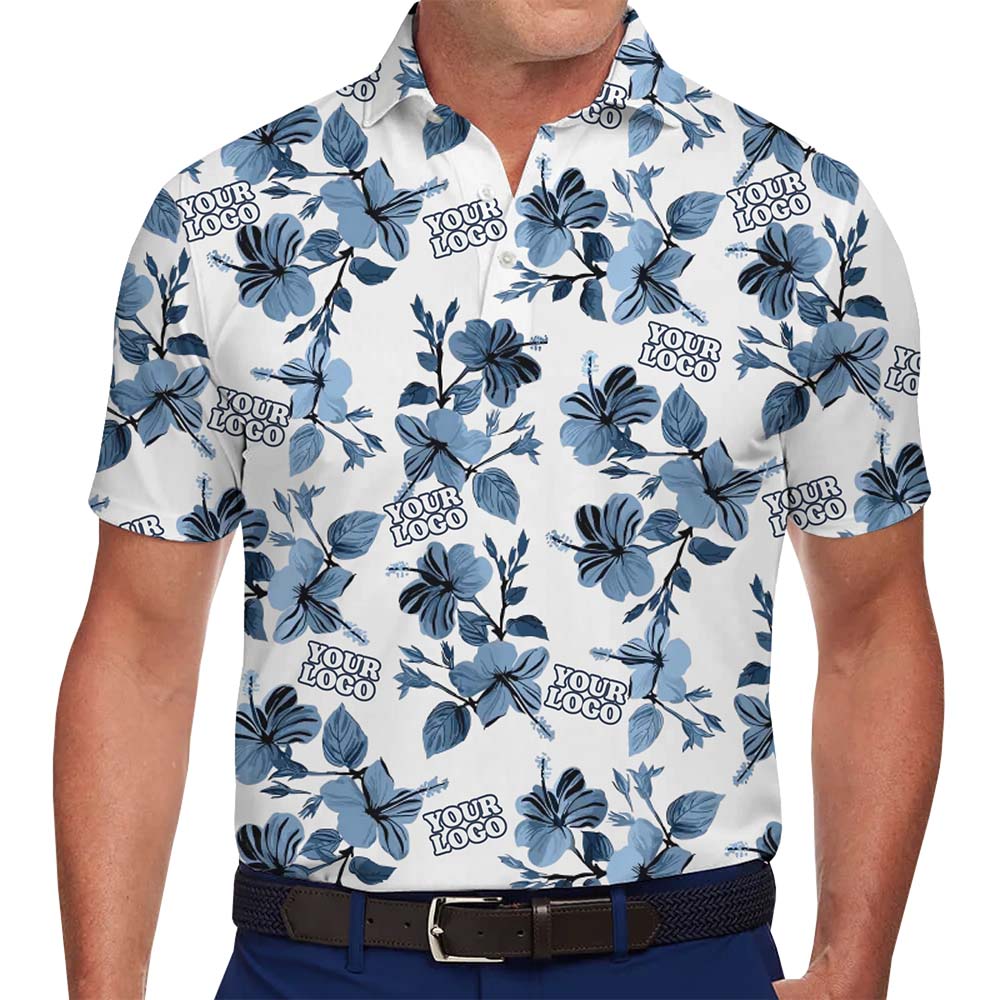 Blue Floral Print Polo Shirt With Instant Custom Logo - variant image 1