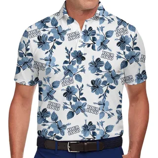 Blue Floral Print Polo Shirt With Instant Custom Logo