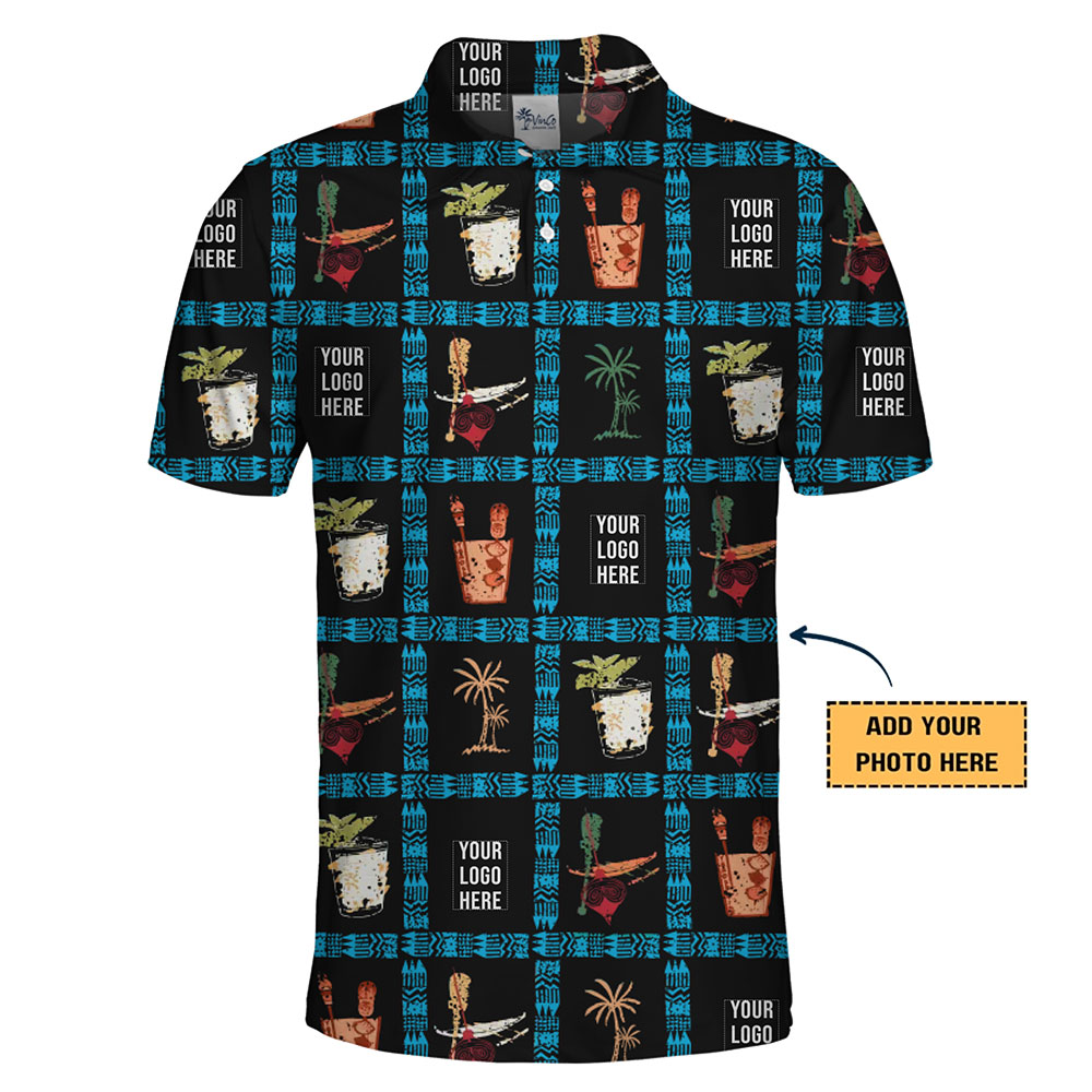 Custom Logo Polo Shirt with Fun Palm Tree and Cocktail Patterns