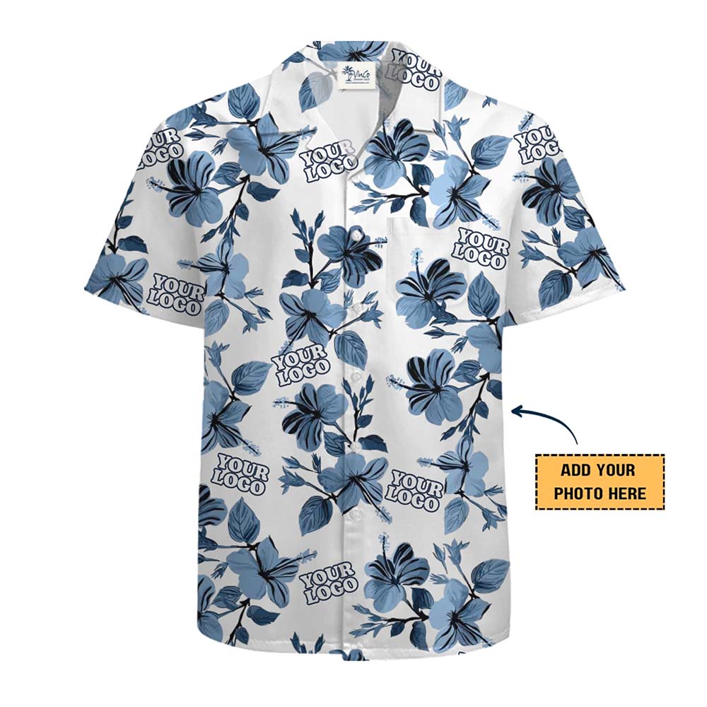White Shirt With Blue Flowers And Custom Logo