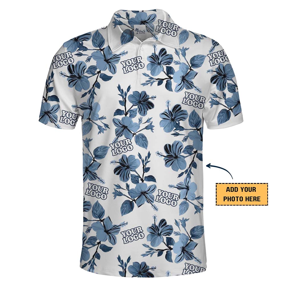 Blue Floral Print Polo Shirt With Instant Custom Logo