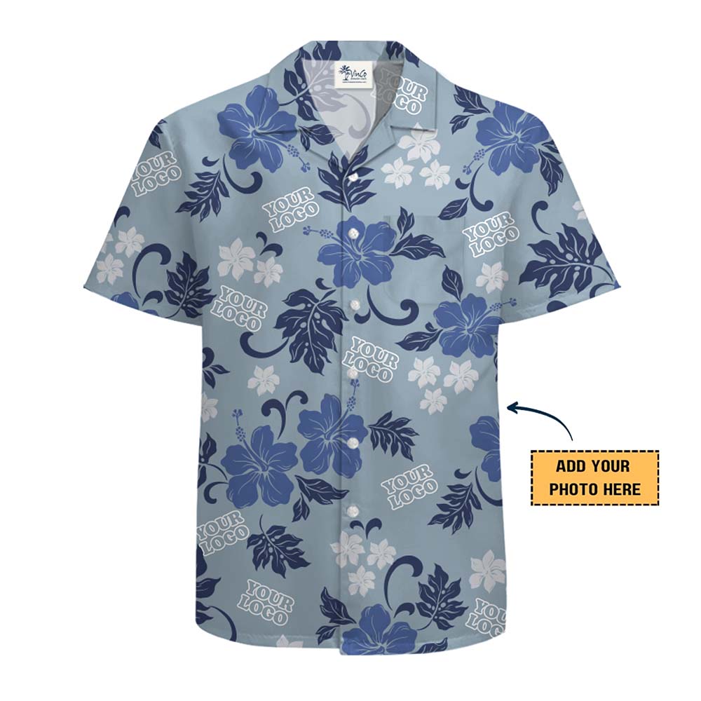 Blue Hibiscus Aloha Shirt With Custom All Over Print Logo