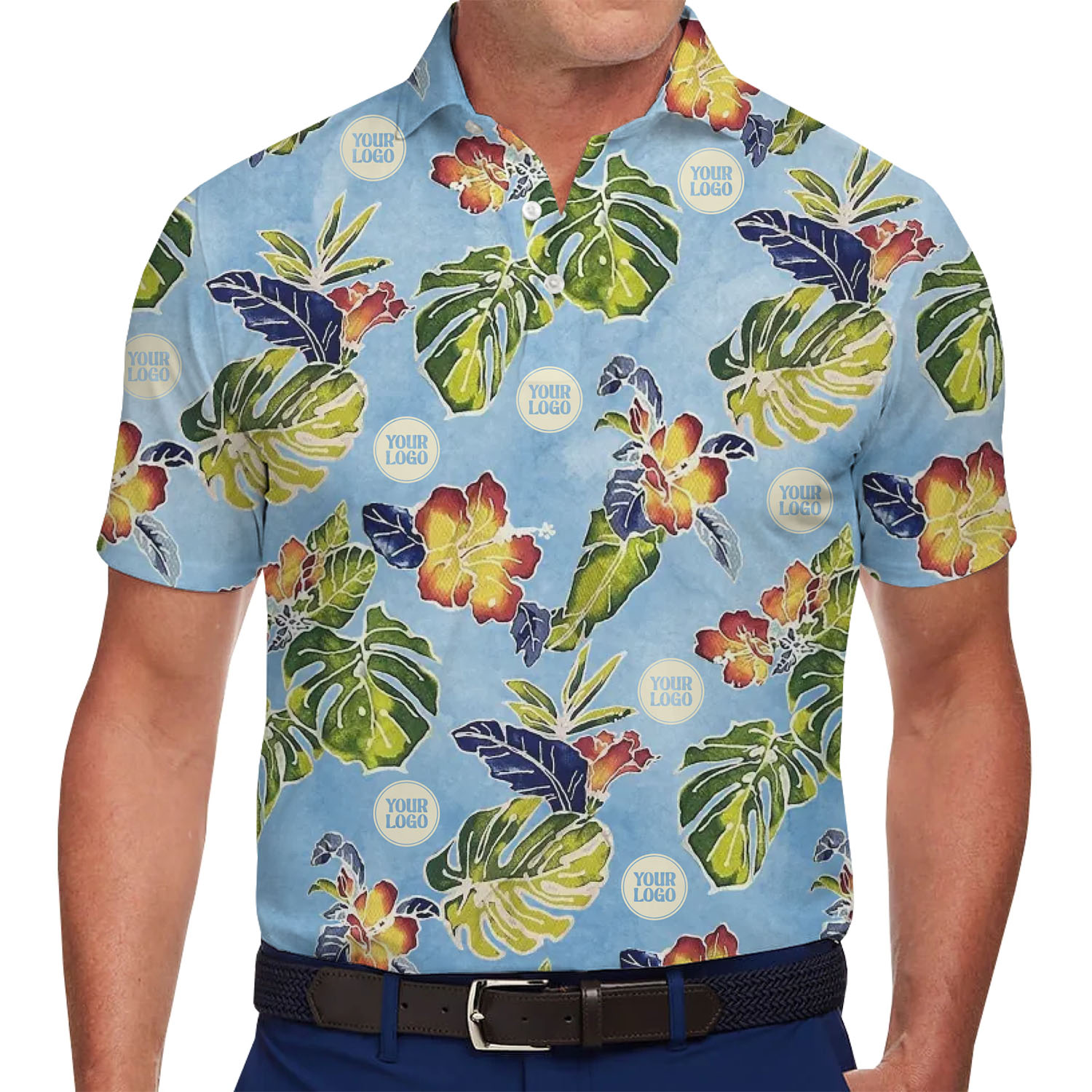 Custom Logo Watercolor Hibiscus and Monstera Leaf Polo Shirt - variant image 1