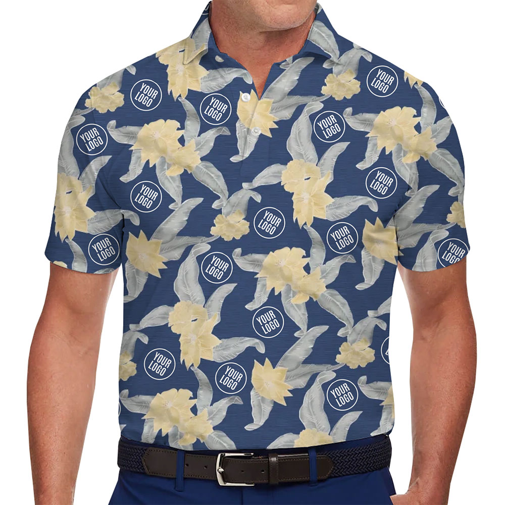 Customizable Blue Hawaiian Polo Shirt with Yellow Flowers - variant image 1