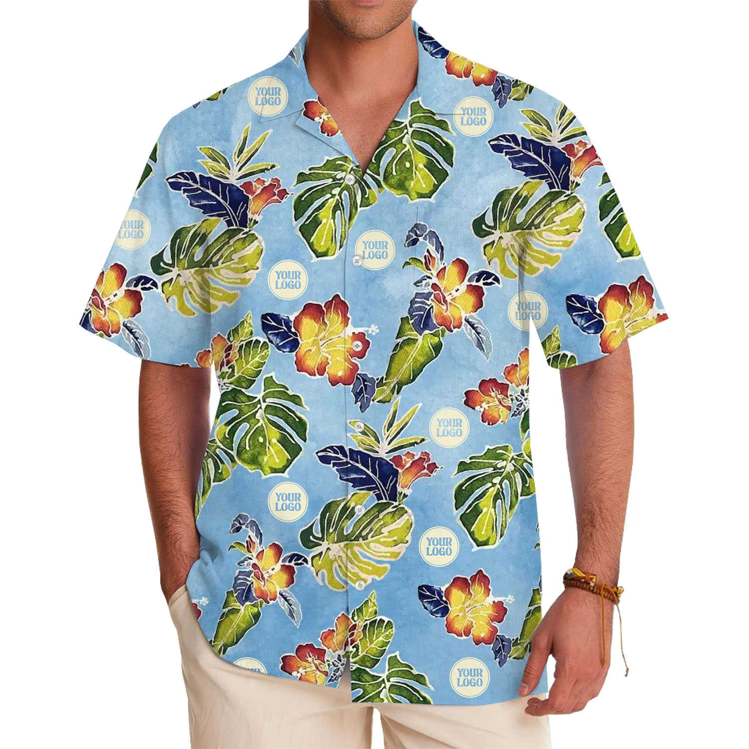 Logo Customized Hibiscus and Tropical Leaf Hawaiian Shirt - variant image 1