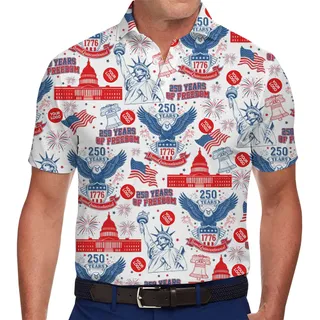 Classic American Heritage Polo Shirt Featuring Iconic Symbols