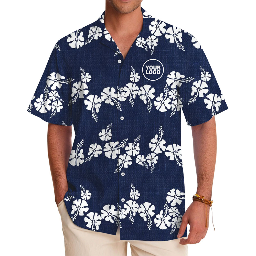 Blue Hawaiian Shirt with White Hibiscus Custom Logo - variant image 1