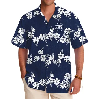 Blue Hawaiian Shirt with White Hibiscus Custom Logo