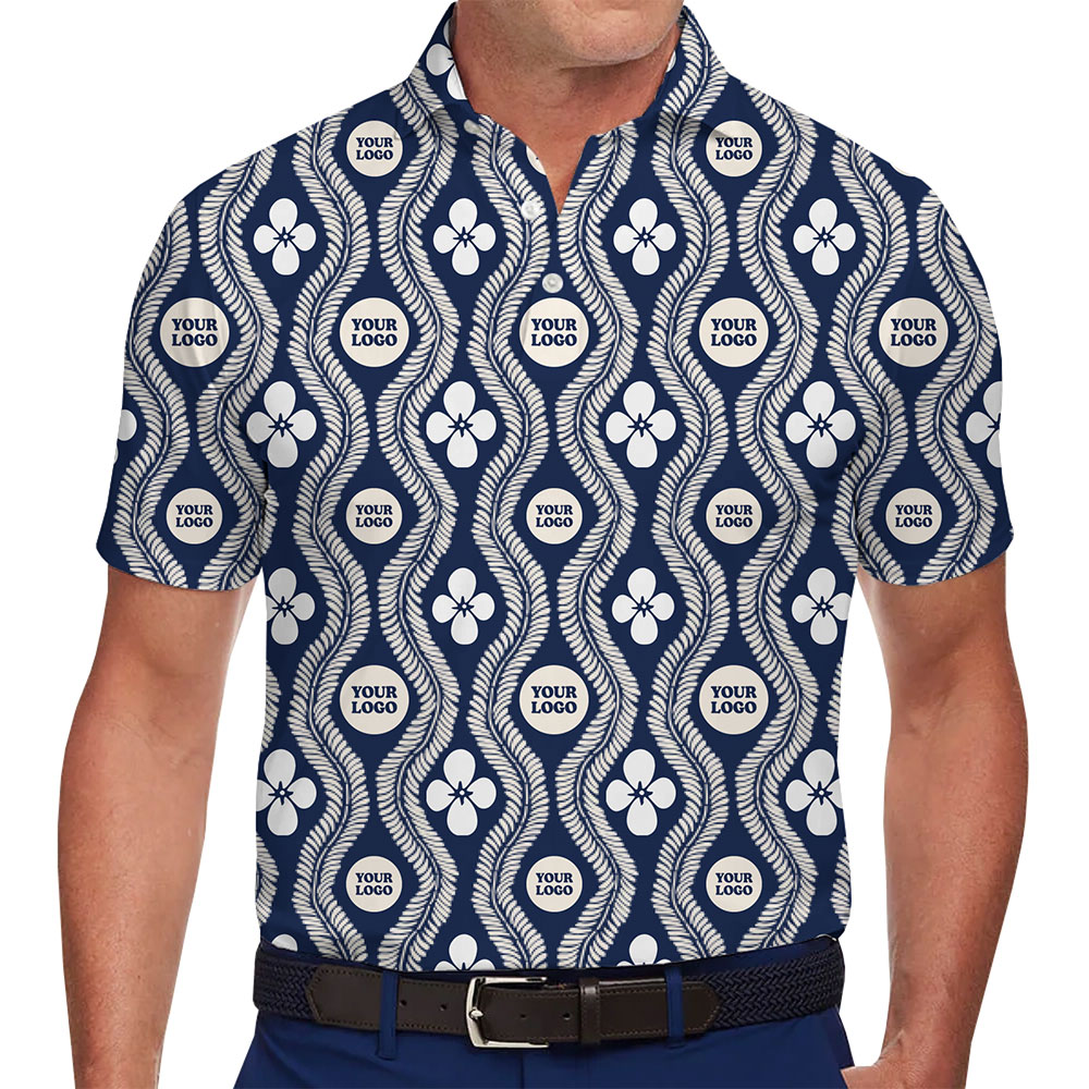 Customizable Navy Polo Shirt with White Flowers - variant image 1