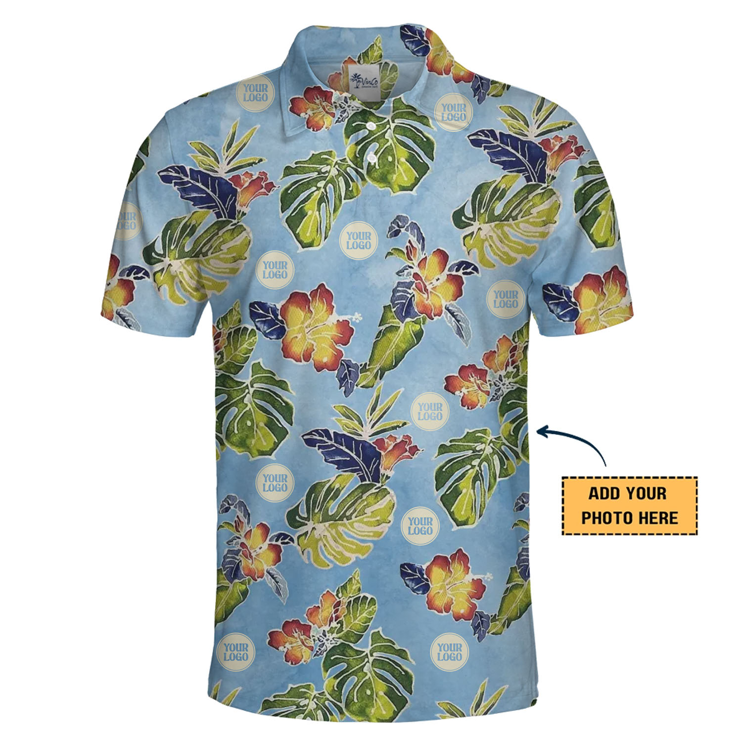 Custom Logo Watercolor Hibiscus and Monstera Leaf Polo Shirt