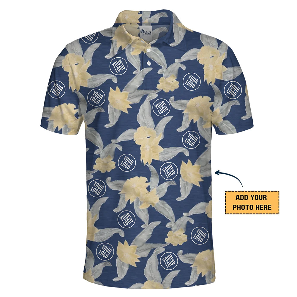 Customizable Blue Hawaiian Polo Shirt with Yellow Flowers