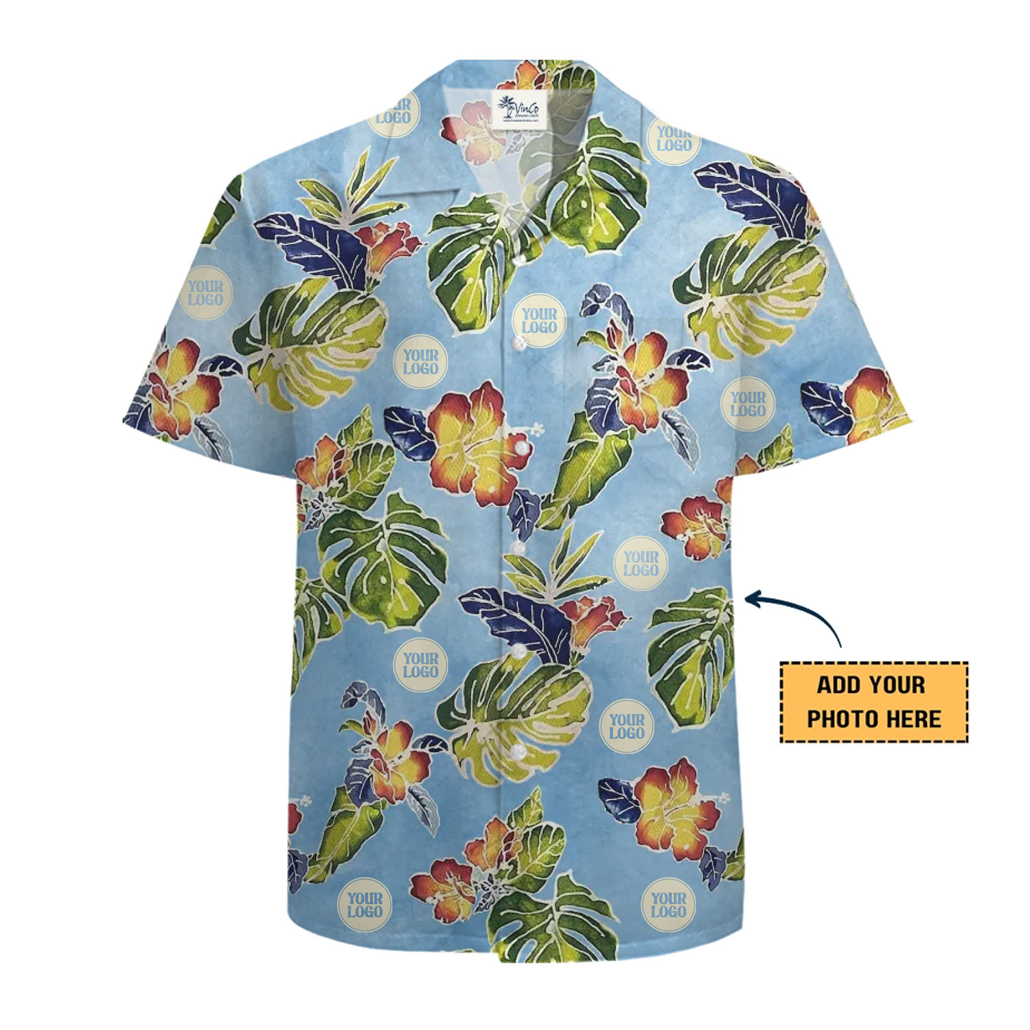 Logo Customized Hibiscus and Tropical Leaf Hawaiian Shirt