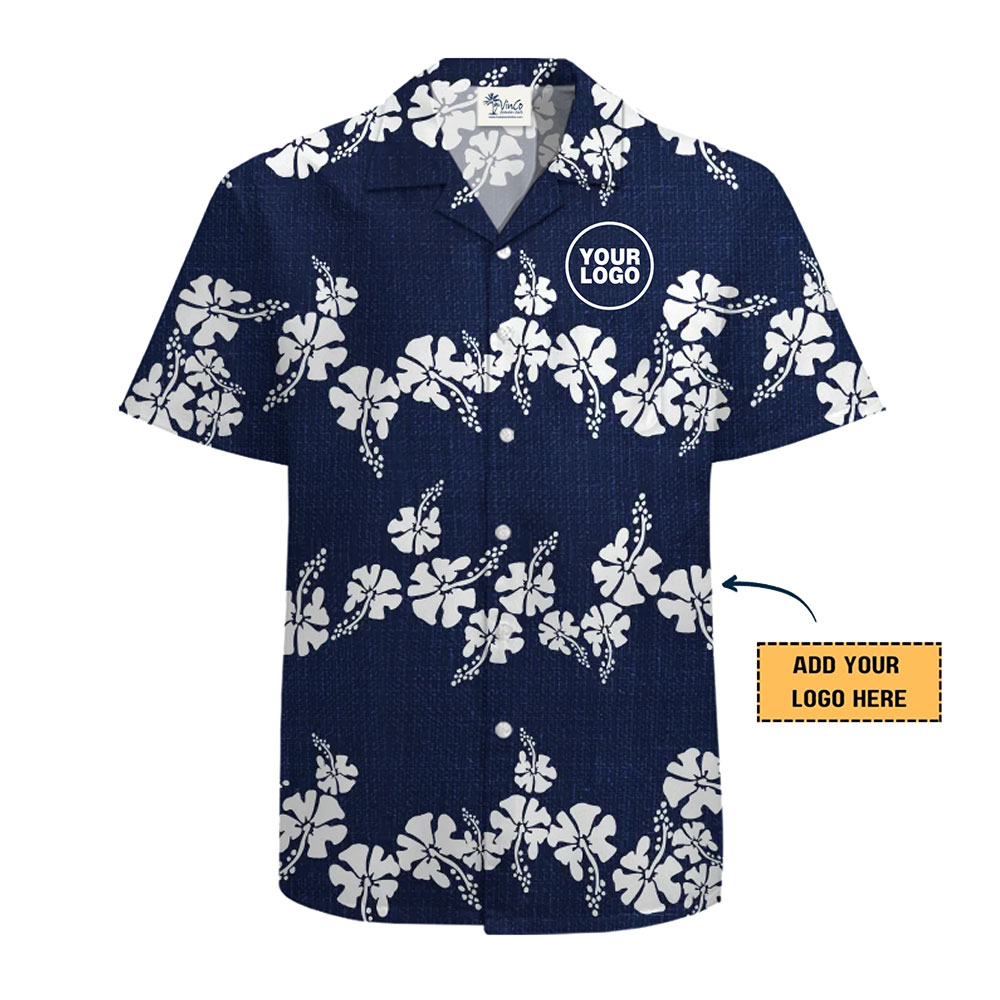Blue Hawaiian Shirt with White Hibiscus Custom Logo