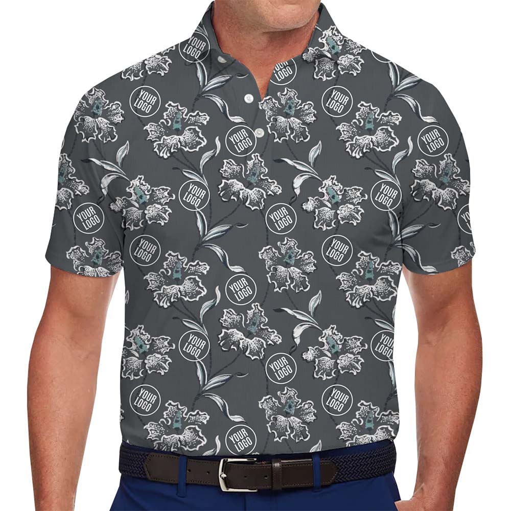 Grey Hawaiian Floral Polo Shirt With Instant Custom Logo - variant image 1
