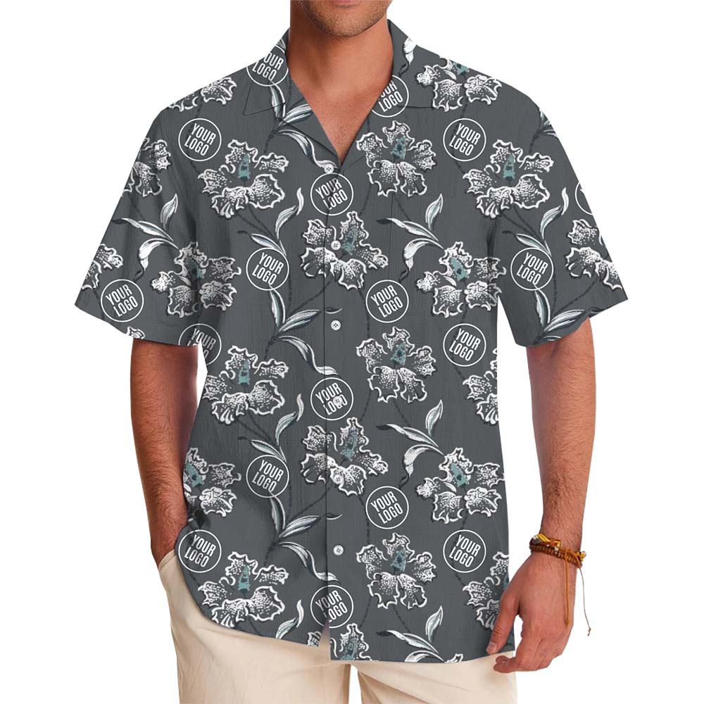 Grey Hawaiian Shirt With Blue Floral Pattern And Instant Custom Logo - variant image 1