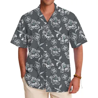 Grey Hawaiian Shirt With Blue Floral Pattern And Instant Custom Logo