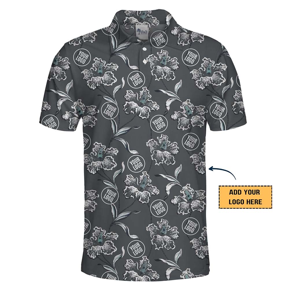 Grey Hawaiian Floral Polo Shirt With Instant Custom Logo