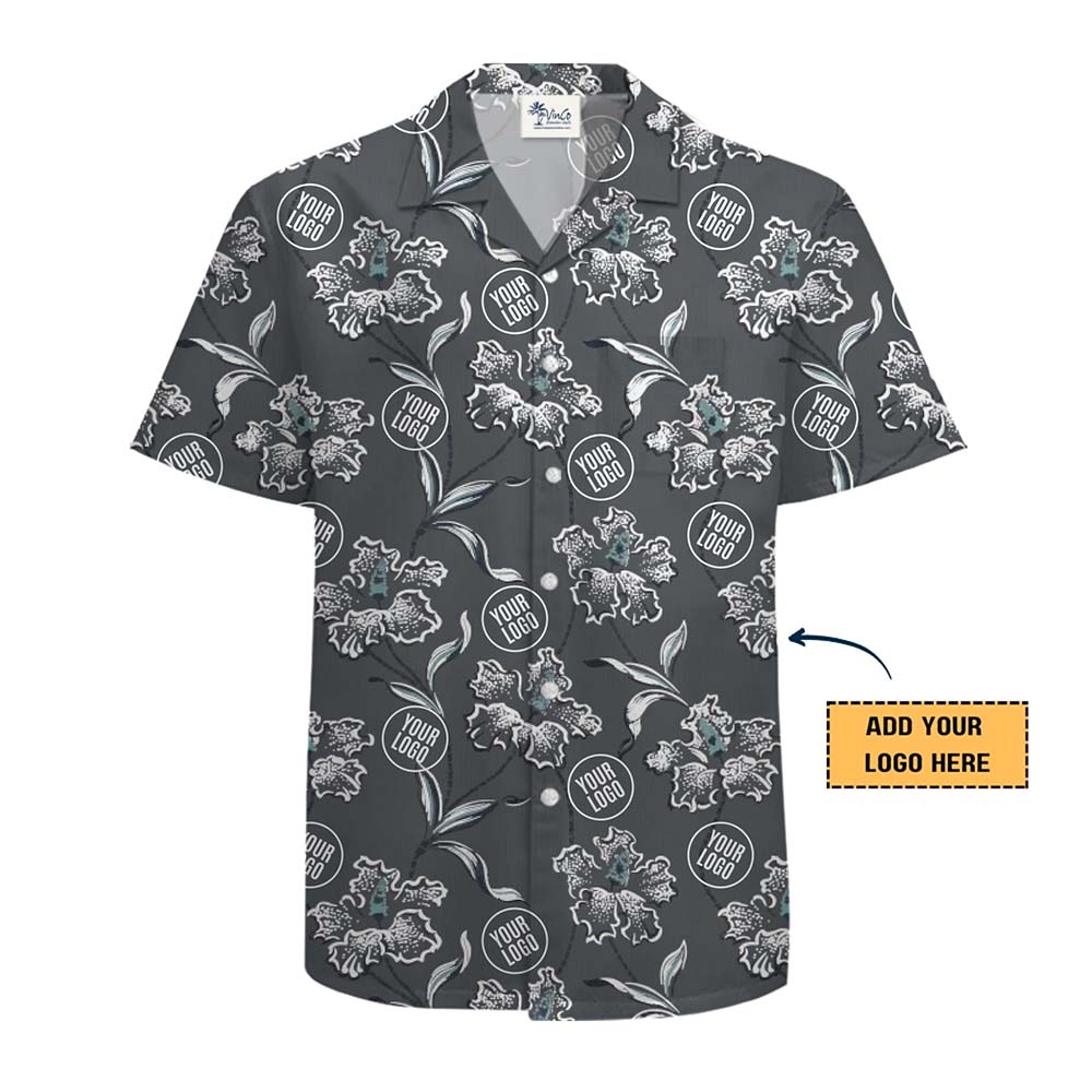 Grey Hawaiian Shirt With Blue Floral Pattern And Instant Custom Logo