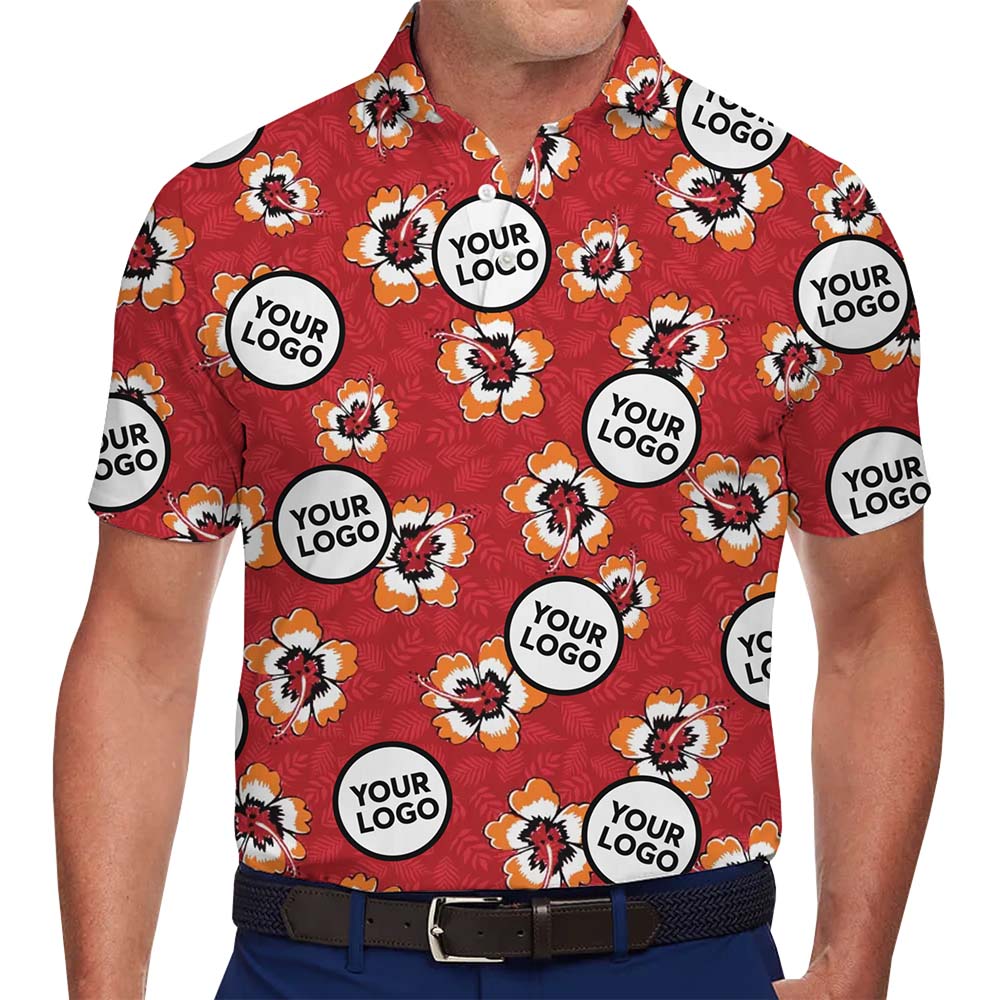 Red Hibiscus Hawaiian Print Polo Shirt With Easy Custom Logo - variant image 1
